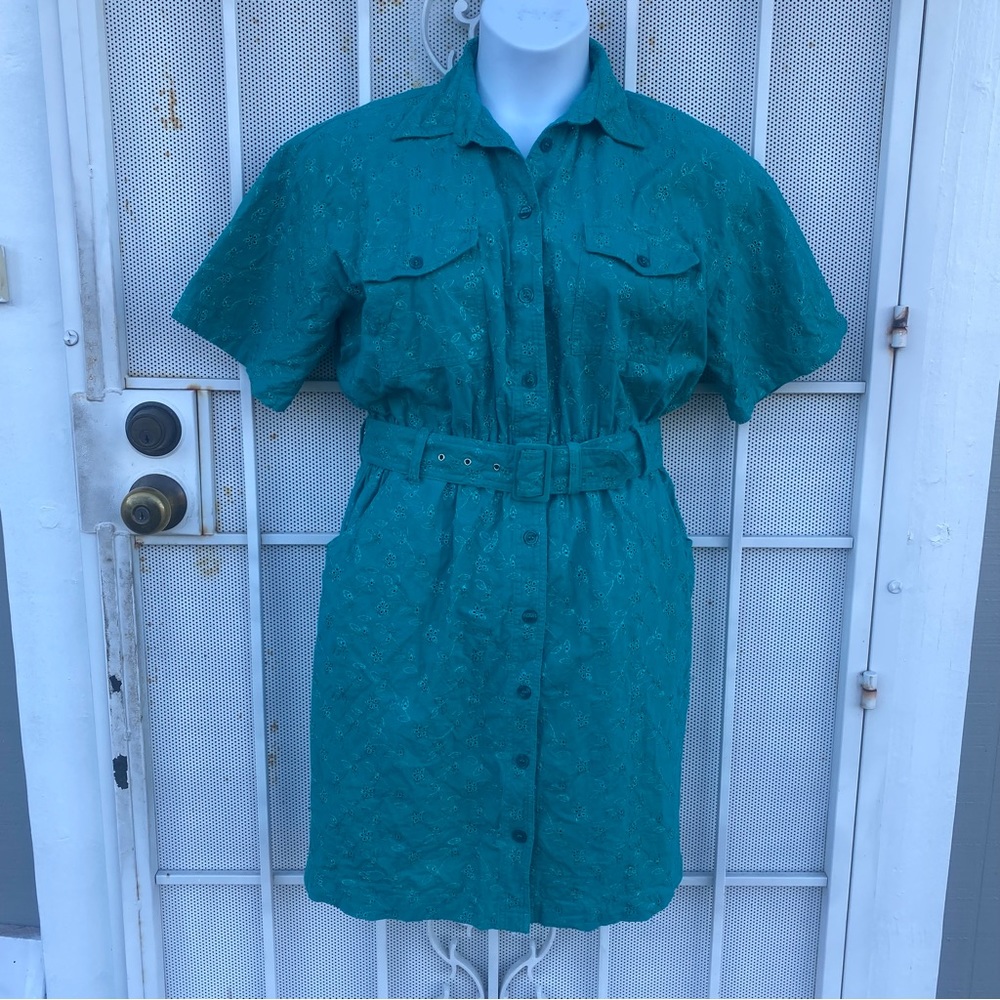 Qps women 14 dress eyelet embroidered m fabric cotton elastic waistband pockets